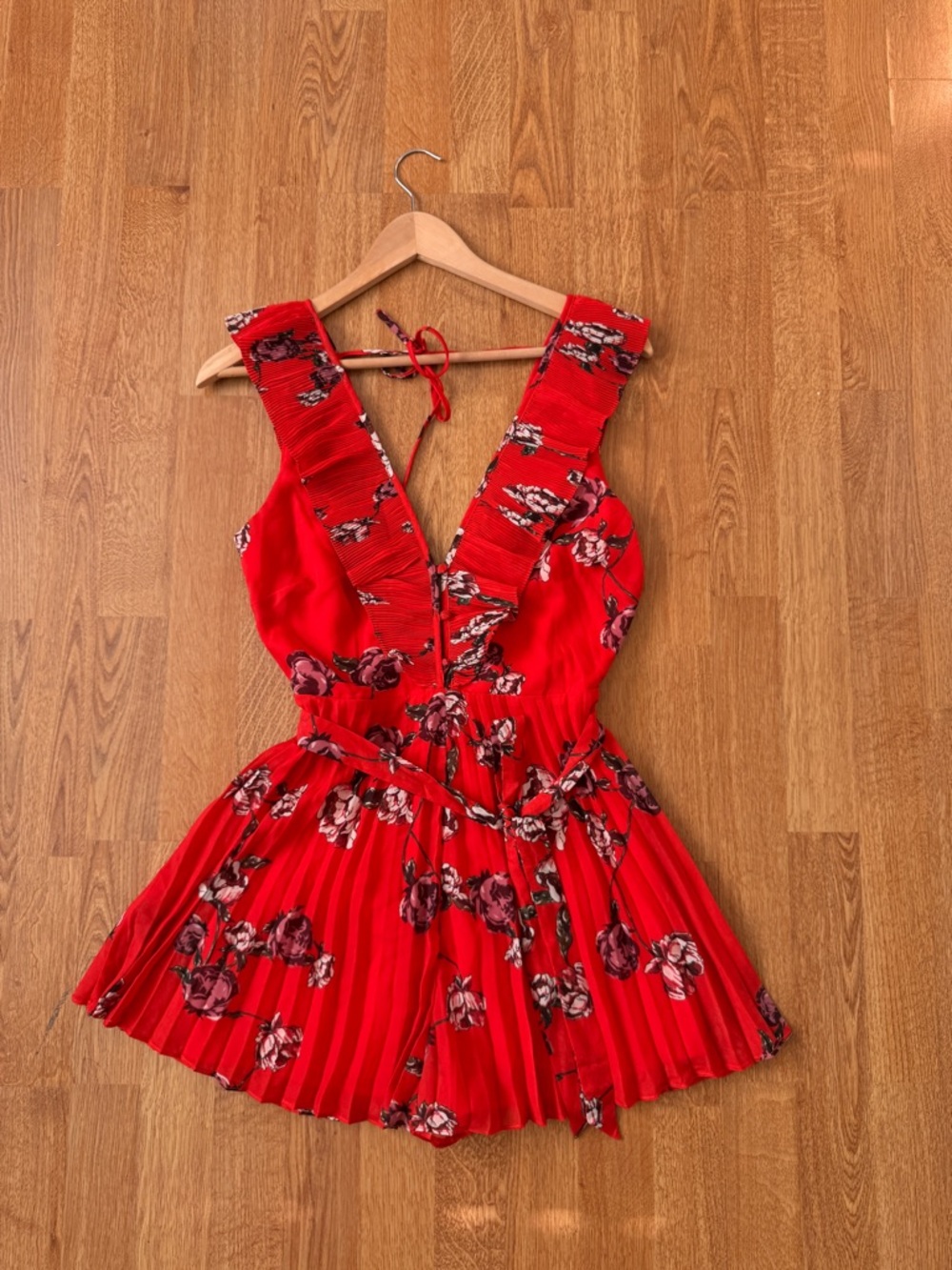 Lulus Red Floral Pleated Romper with Ruffle V-Neck